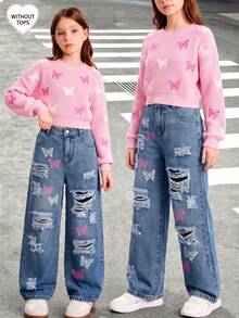 1pc Tween Girl Tween Girl Denim Jeans, Casual Streetwear Sweet Cool Butterfly Pattern Ripped Distressed Y2K Versatile Snowflake Wide Leg Straight Leg Pants - Medium Wash - View 2