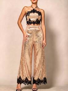 Women's Champagne Sequin 2-Piece Set Halter Neck Lace Trim Cropped Top + Wide Leg Pants, Suitable For Cocktail Party Summer Evening - Champagne - View 7