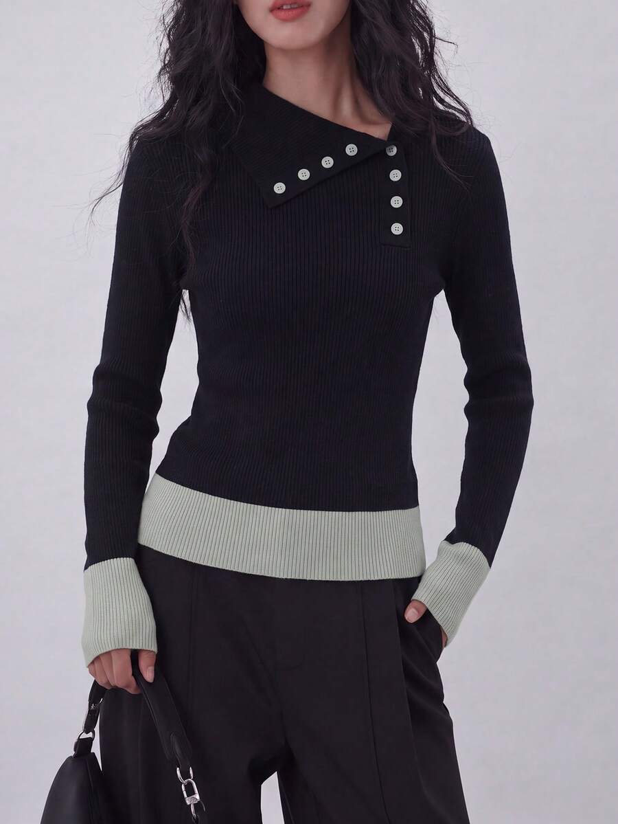 Pullover Rajut Pas Badan Wanita Kasual Musim Gugur/Dingin, Warna Hitam, Desain Kerah Asimetris Baru - Hitam - View 1