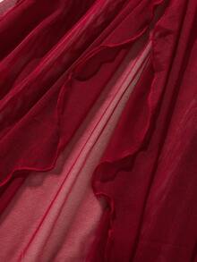 Conjunto de 2 Peças Feminino Pijama de Renda Transparente Vermelho Vinho com Alças Finas e Calcinha, Roupa de Dormir, Pijama de Halloween - Vinho - Visão 3