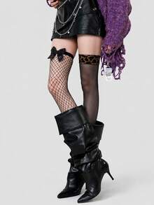 2 Pairs Mismatched Thigh High Socks, Asymmetric Over Knee Stockings, Leopard Cuff Hosiery, Bow Fishnet Socks, Punk Alt Fashion, Y2k Streetwear Socks - Black - View 7