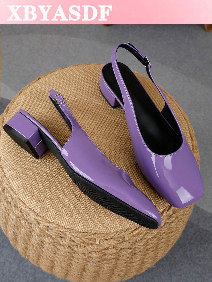 XBYASDF 2026 New Women's Purple Glossy Square Toe Slingback Chunky Heel Pumps, Buckle Strap 3cm Low Heel, Minimalist Commute Office Sandals - Purple - View 1