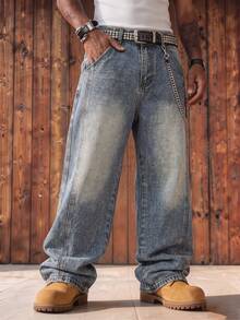 Men's Vintage Washed Wide Leg Jeans With 3D Split Seams, Red Star Swirl Embroidery On Back Pockets, Loose Straight Leg Casual Versatile Long Pants - Blue - View 4