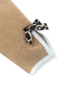 Plus Size Women Spring Autumn Khaki Spliced Leopard Print Bow Decor Contrast Trim Sweater With Split Cuffs - Khaki - View 10