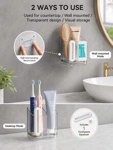 1pc Transparent Toothbrush Holder, Divided Wall-Mounted Storage Rack, Multi-Functional Bathroom Storage Accessory, Creative Drill-Free Bathroom Organizer, For Storing Toothbrush Tools, Combs And Razors, Home Bathroom Decor - Clear - View 9