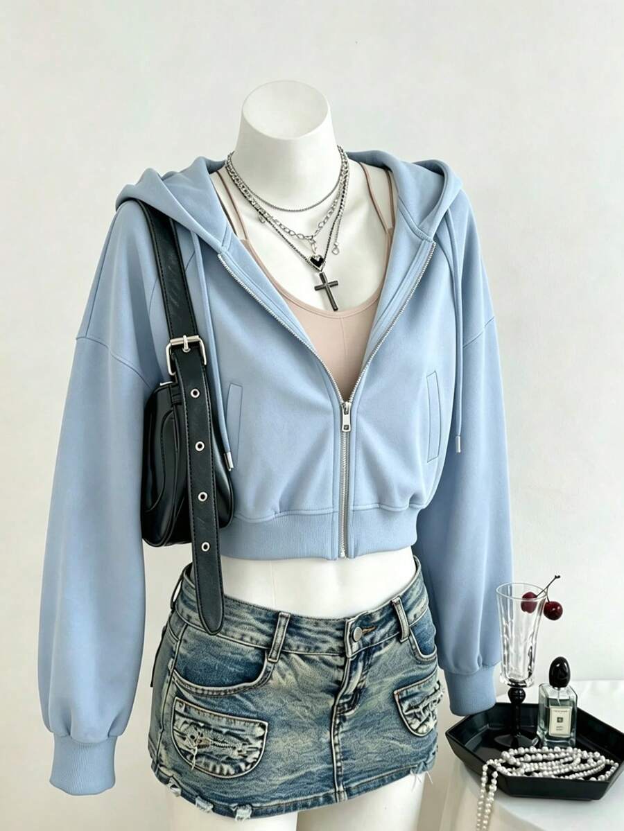 Women's Casual Cute Light Blue Knitted Fabric Short Sleeve Shacket Regular Length Rib-Knit Detail Round Neck Jacket For Spring And Fall Outfits - Light Gray-blue - View 1