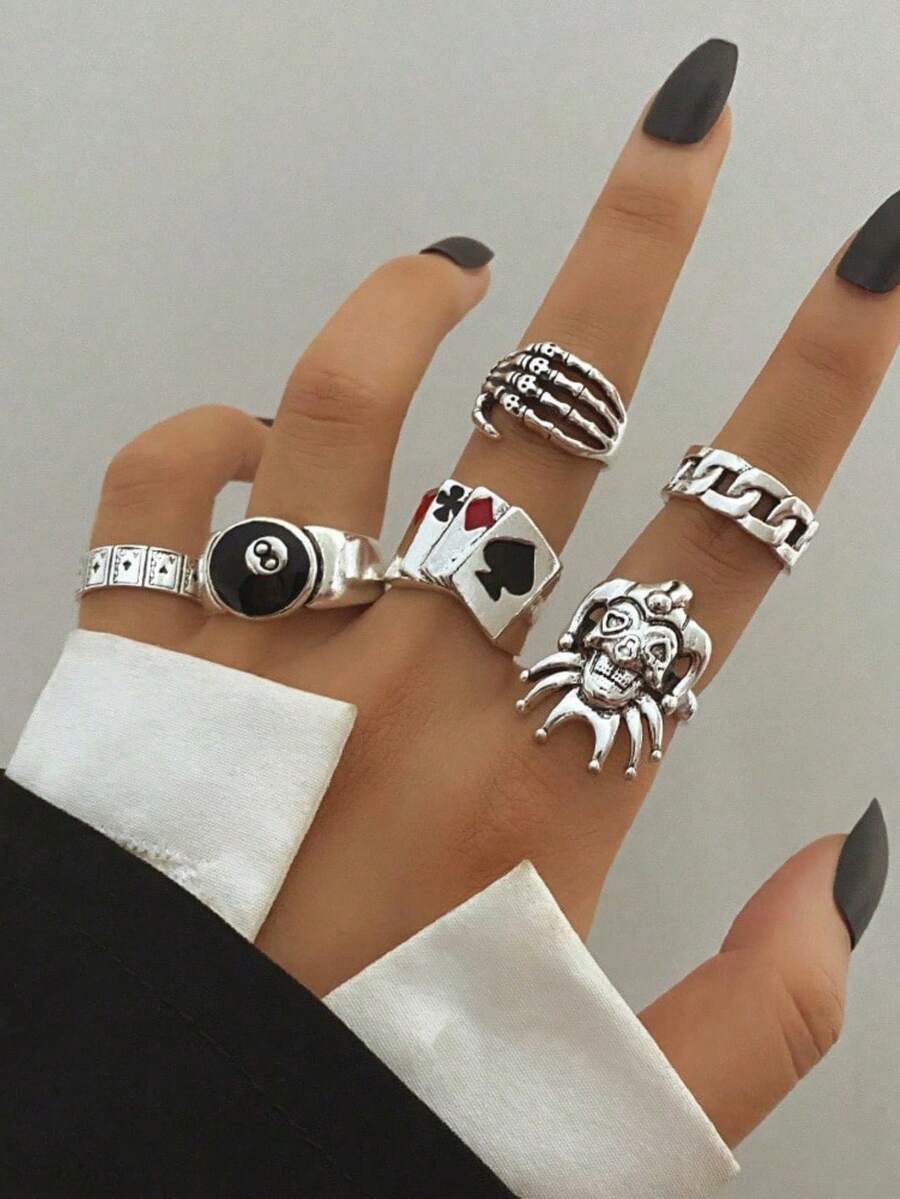 RINTOLER 6pcs Vintage Distressed Gothic Style Spade Heart Poker Card Clown Ring Set, Punk Hip Hop Iron Alloy Closed Ring Set, Non-Adjustable
