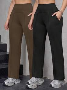 2pcs/Pack Women's Pocket Wide Leg Pants, High Waist Tummy Control Slimming, Fashionable Sporty Casual Street Style Long Pants Sports - Multicolor - View 1