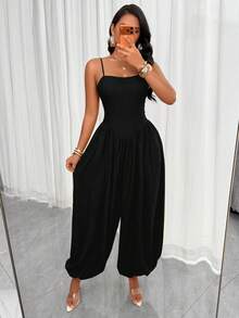 AIJ Elegant Women's Black Sleeveless Backless Jumpsuit, Spaghetti Strap Long Camisole Style, Ruched Woven Fabric, Summer - Black - View 6