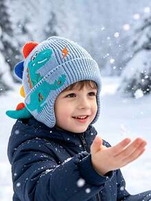Winter Knitted Hat For Children, Cartoon Dinosaur Pattern With Earmuffs, Cute And Warm, Suitable For Outdoor And Daily Use - Multicolor - View 1