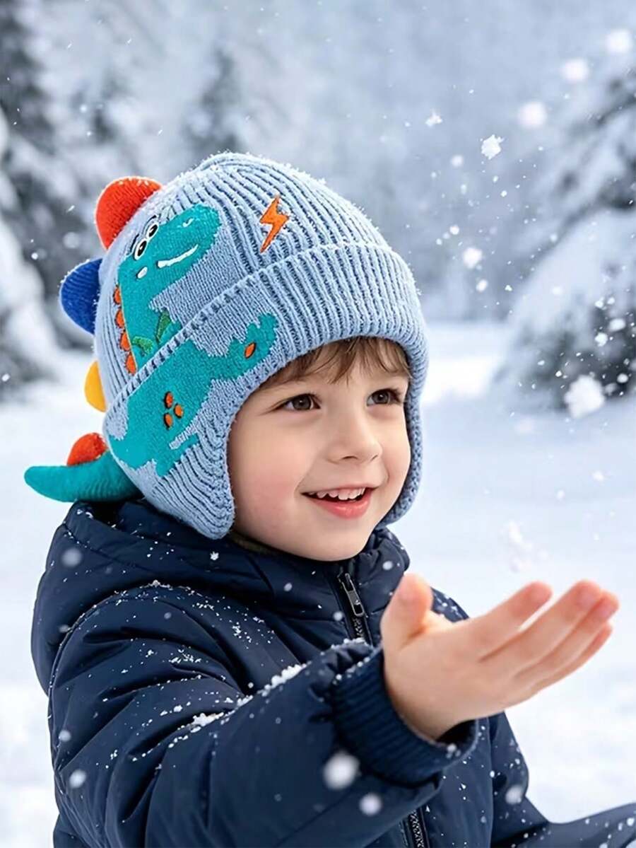 Winter Knitted Hat For Children, Cartoon Dinosaur Pattern With Earmuffs, Cute And Warm, Suitable For Outdoor And Daily Use - Multicolor - View 1