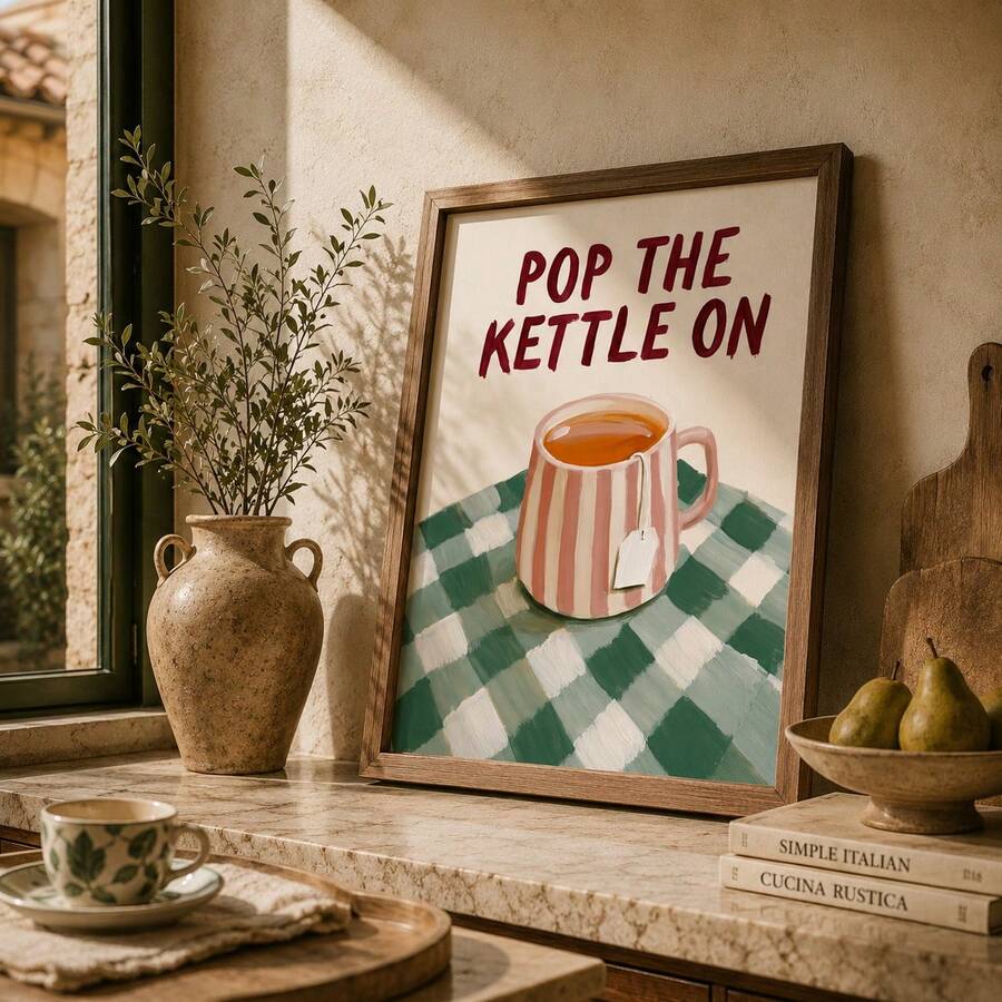Pop The Kettle On 英式茶文化印花牆面藝術 廚房裝飾復古廚房印花 茶愛好者禮物復古牆飾家居裝飾 - 卡通 - 查看 1