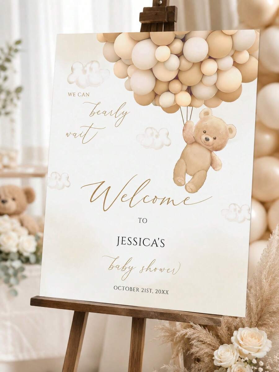 Custom Baby Shower Welcome Sign - Teddy Bear Theme Style, Personalized Name & Date Display Board, Neutral Beige Balloon Style Entrance Decor (Suitable For Boy Or Girl), Home Decor, Party Decor, Custom Poster - Multicolor - View 1