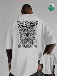 High-Weight Pure Cotton T-Shirt With A Round Neck, Creative Skull Print With Lettering On The Front And Back, Fashion Item. J2D6 - White - View 1