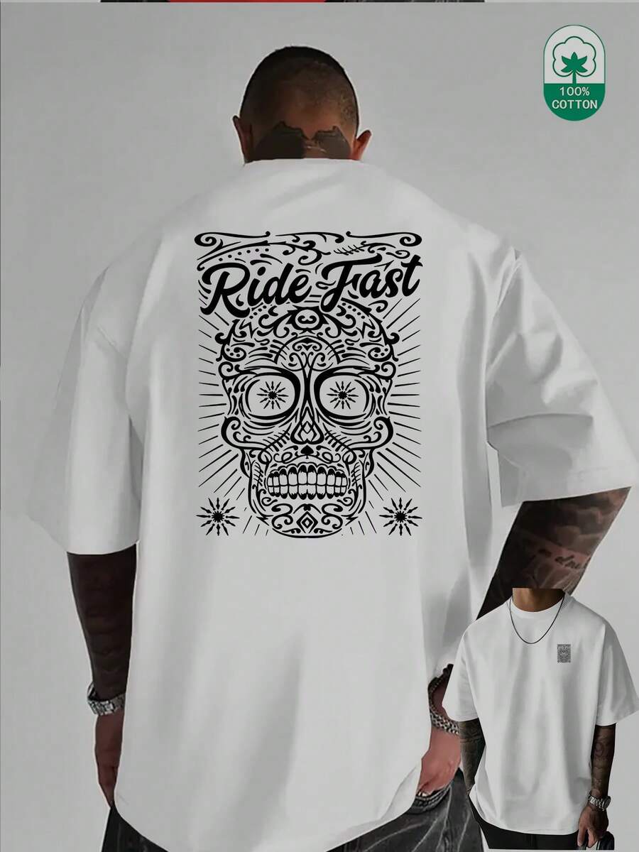 High-Weight Pure Cotton T-Shirt With A Round Neck, Creative Skull Print With Lettering On The Front And Back, Fashion Item. J2D6 - White - View 1