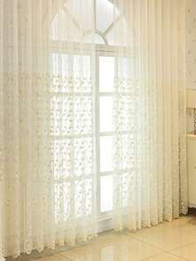 1 buah Tirai Semi-Transparan Bertepi Bergelombang Bordir Daun Ginkgo Gaya Bohemian Country untuk Dekorasi Rumah Dalam Ruangan - Sampanye - View 4
