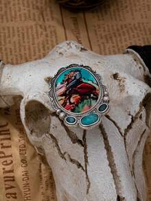 1/3 Pc Vintage Western Cowboy Printed Statement Ring, Retro Inlaid Oversized Cocktail Ring, Boho Cowgirl Fashion Jewelry For Women Party Daily Wear - Multicolor - View 4