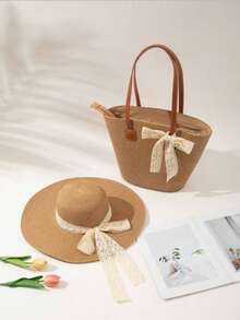 Sombrero + Bolso, Adecuado para Uso en Vacaciones - Caqui - Ver 3