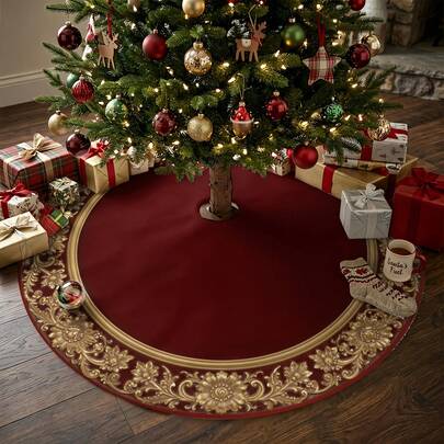 1Pc Palace Style Retro Burgundy Scroll Floral Christmas Tree Skirt, Luxury Vintage Tree Base Apron, American Retro Atmosphere Rug For Holiday Party & Home Christmas Decoration
