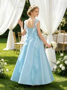 Tween Girls Elegant Flower Girl Dress, Solid Color Spaghetti Strap V-Neck Ruffle Formal Evening Wedding Bridesmaid Dress, Performance Birthday Party Christmas Ball Gown For 8-12 Years Old - Blue - View 1