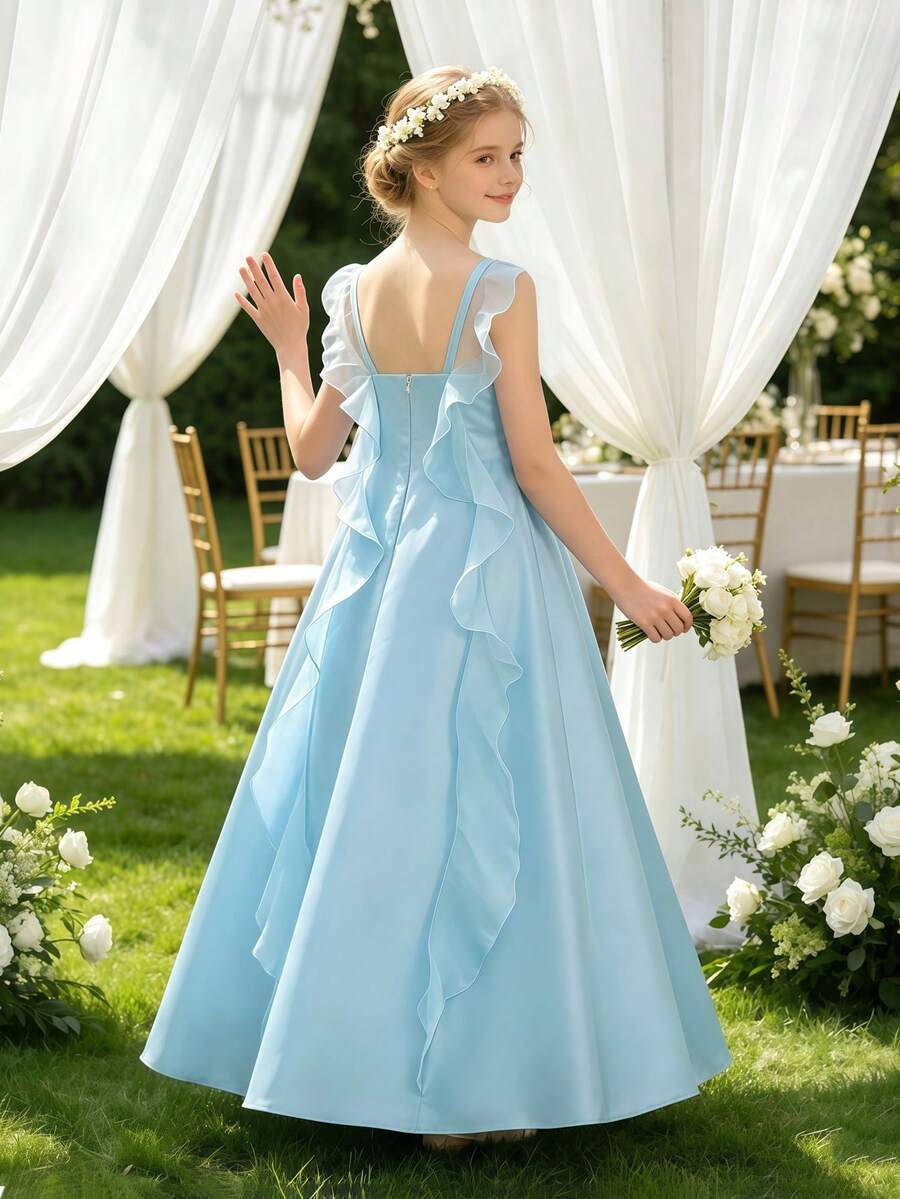 Tween Girls Elegant Flower Girl Dress, Solid Color Spaghetti Strap V-Neck Ruffle Formal Evening Wedding Bridesmaid Dress, Performance Birthday Party Christmas Ball Gown For 8-12 Years Old - Blue - View 1