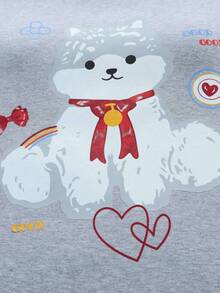 Women's Round Neck Cartoon Puppy Print Pajama Set, Shell Flower Long Sleeve Top + Pants With Pockets, Cute Sleepwear Set, Women's Loungewear Set - Grey - View 5