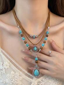 2pcs/Set Bohemian Turquoise Teardrop Layered Necklace Set, Vintage Stackable Necklace, Luxury Beaded Women's Jewelry, Suitable For Daily, Party, Vacation, Gift - Multicolor - View 5