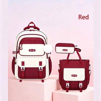 1 Set Academy Style Girl Outfit, Front Pocket Partitioned Large Capacity Backpack With Tutoring Bag And Pencil Case, 3 PiecesSet