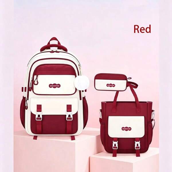 1 Set Academy Style Girl Outfit, Front Pocket Partitioned Large Capacity Backpack With Tutoring Bag And Pencil Case, 3 PiecesSet