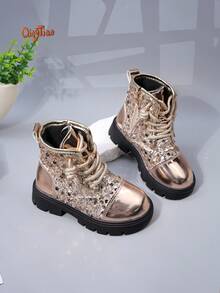 1 Pair Girls' Sequin Glitter Metallic Mirror PU Round Toe Mid-Calf Lace-Up Thick Sole Chunky Heel Shiny Boots, Side Zipper For Easy On/Off, Suitable For Autumn/Winter Party, Performance, Holiday Outfits - Gold - View 2