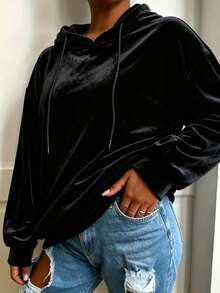 Plus Size Lady's Solid-Color Velvet Hooded Sweatshirt - Black - View 5