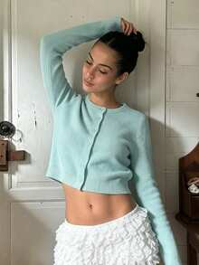 Autumn/Winter Casual Versatile Solid Color Knit Cardigan - Mint Blue - View 5