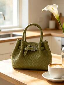 Retro Woven Handbag, Women's Quality Leather Buckle Design, Large Capacity Commuting Cross-Body Bag, Simple And Versatile Shoulder Bag - Green - View 5