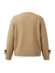Plus Size Women Spring Autumn Khaki Spliced Leopard Print Bow Decor Contrast Trim Sweater With Split Cuffs - Khaki - View 9