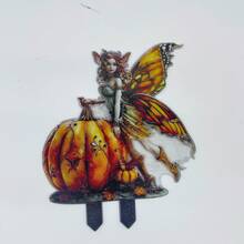 Decoração de Halloween Fada Abóbora com Asas Elfo Bruxa Estaca Decorativa para Chão Planta em Vaso Adereço Placa - A - Visão 6
