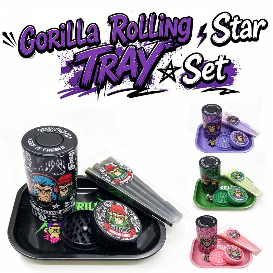 Creative Pattern Rolling Tray Set, Includes 18*14cm Metal Tray, 60mm Grinder, Large Size Rolling Papers (8pcs/Box) And Vacuum Jar. Convenient For Travel, Easy To Use. Home Tools & Party Supplies. Halloween Gift. Christmas Gift. - Multicolor - View 1