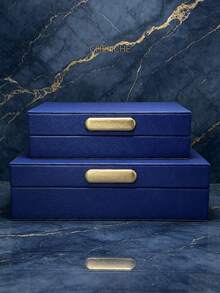 Set Of 2 S & L Size Cream Pebbled PU Leather Jewelry Boxes With Lid, Gold Zinc Alloy Bar Handle, Velvet Lined Rect Accessory Storage Organizer, Modern Luxury Vanity Bedroom Decor Holiday Gift - OFF-white - View 15