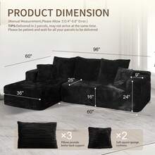 RicenPotato 96'' Plush Cloud Sectional Couch, Boneless L Shape Couch With Deep Seat, Sectional Sofa, Living Room Sofa, No Assembly Required, Minimalist Modular Couches Sleeper For BedroomApartment Lounge,Sofa De Sala, Couch, Sofa Cama, Muebles Para Sala - 黑色 - 查看 13