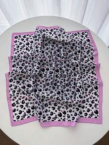 1件奢華品牌豹紋方巾女款仿絲綢圍巾 休閒百搭裝飾小領巾 - 粉紫色 - 查看 3