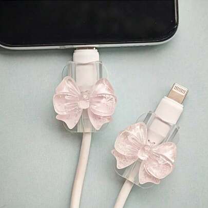 2pcs Universal/Type-C Cable Protector - Durable, Anti-Breakage And Stylish Phone Accessory Design With Cute Plastic Butterfly Decoration, For Charging And Data Protection, Charging Accessory, Phone Cable Protection, Wire Organizer, Device Cable Guard, Cute Plastic Ornament, Pink Butterfly Design, Sturdy Structure, Suitable For Users, Type-C Owners, Gift For Her, Travel Tech Accessory