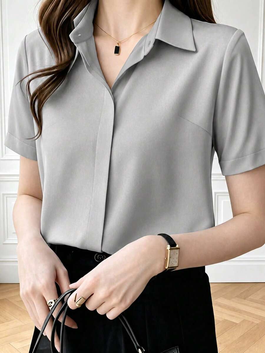 Camisa de satén de manga corta y unicolor informal, estilo versátil de Hong Kong para verano y primavera