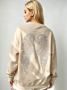 Women's Oversized Angel Wings Print Hoodie - Black Y2K Back Graphic Pullover,  Fall Winter  Streetwear , Comfy Oversized Silhouette2026 - 杏色2 - 查看 1