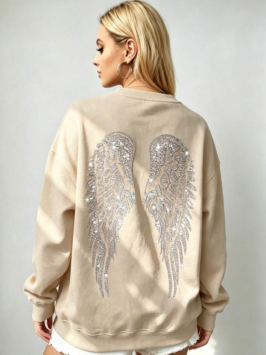 Women's Oversized Angel Wings Print Hoodie - Black Y2K Back Graphic Pullover, Fall Winter Streetwear , Comfy Oversized Silhouette2026 - 杏色2 - 查看 1