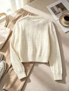 Girl's Cream Cable Knit Short Cardigan, V-Neck Button-Up Long Sleeve Ribbed Hem Knit Sweater Jacket, Soft & Comfortable, Loose Fit, Casual Basic Outerwear, Suitable For Autumn/Winter Daily Wear - Apricot - View 2