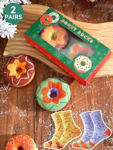 2 Pairs Unique Creative Fun Color-Block Donut Design Mid-Calf Casual Socks, Gift For Men / Women, Suitable For Autumn/Winter Atmosphere Outfits, Personalized Gift Item, Fits Christmas / Halloween / Day Of The Dead / Teacher's Day / Holiday / Oktoberfest / Back To School / Thanksgiving Gifts, Suitable For Home Relaxation / Office Daily / Short Vacation / Theme Party / Friends & Family Birthday / Wedding Favor / Family Gathering Gift - Multicolor - View 7