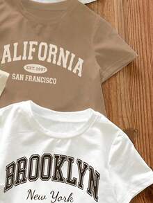 4pcs Cream & Beige Vintage Letter Graphic Round Neck Short Sleeve Basic T-Shirts - Multicolor - View 4