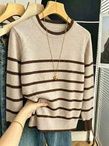 Autumn New Oatmeal Base Contrast Dark Brown Ribbed Crew Neck Knit Sweater, Collar, Easy To Pair With Bottoms For A Relaxed Daily Look. Fall - Apricot - View 6