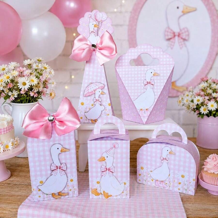 Kit  20 caixas Festa DESMONTADO | Personalizados Gansinhos | Patinhos Rosa | Lembrancinhas | Fazemos todos os temas - 20 caixas (4 de cada modelo) - Visão 1