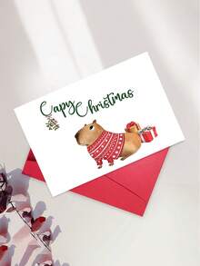 1pc Cute Christmas Card With Envelope, Printed Capybara In Xmas Jumper & Gift Boxes, "Capy Christmas", For Wife, Husband & Animal Lovers, Holiday Gift Exchange, Blank Inside - A - View 2