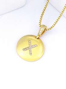 1pc 18k Gold Plated Copper Necklace With White Zirconia & Fish 26 Letter Pendant, Luxury Minimalist Jewelry Gift For Women - Gold - View 9